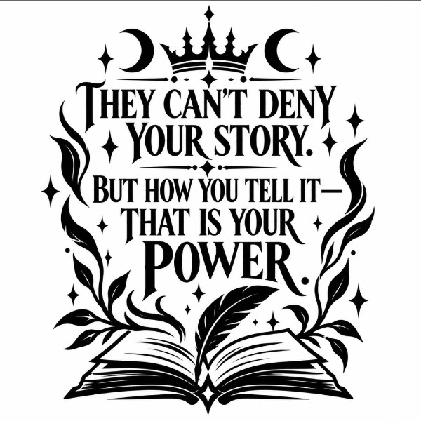 Original black-and-white artwork: They Can't Deny Your Story. But How You Tell It — That's Your Power.