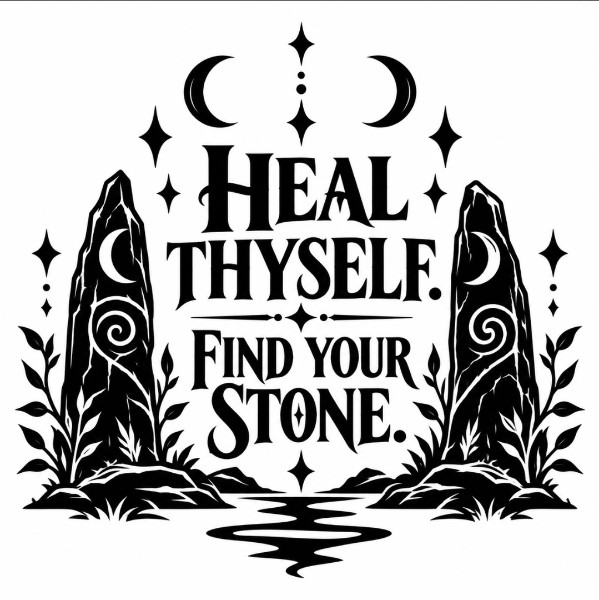 Original black-and-white artwork: Heal Thyself. Find Your Stone.