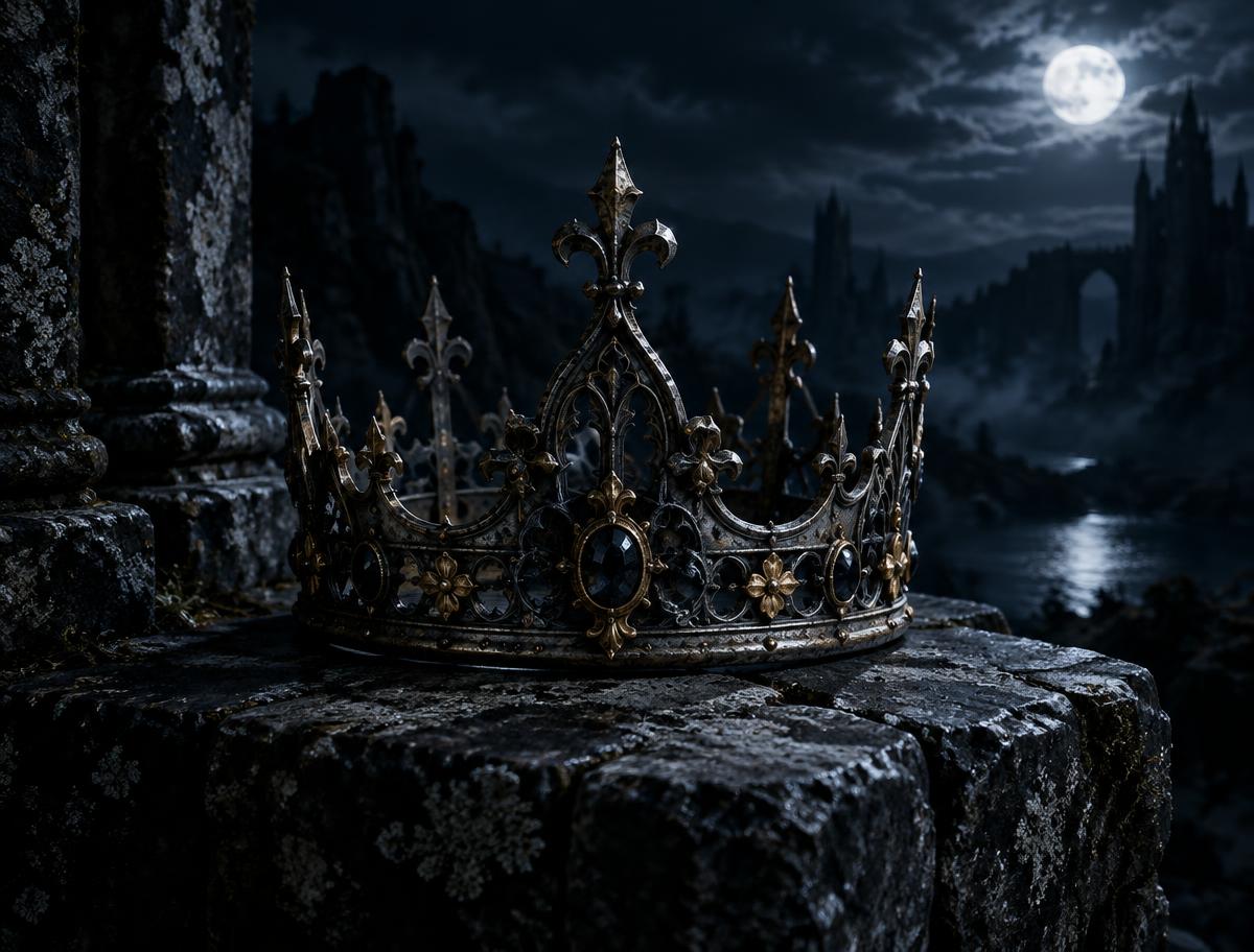 An ancient crown on weathered stone, illuminated by silver moonlight