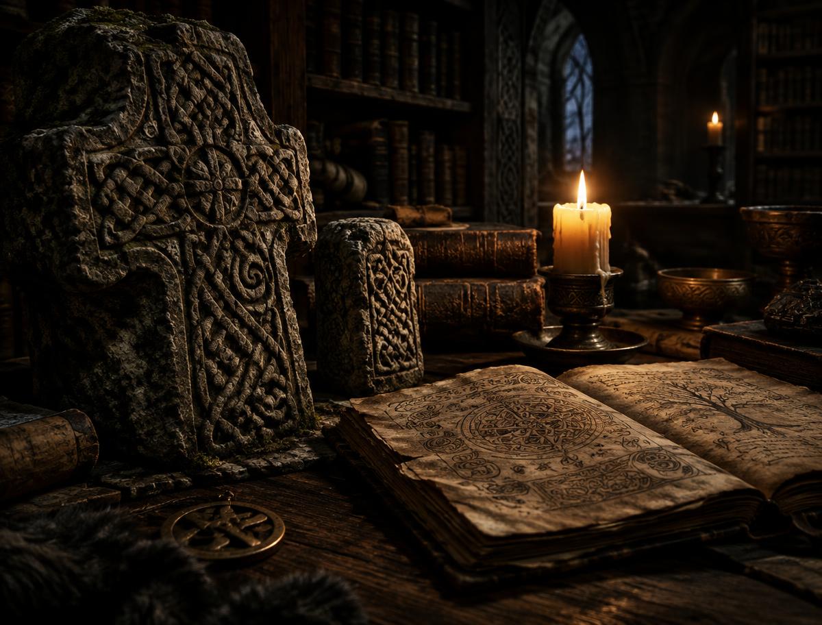 Celtic knotwork carved into ancient stone beside candlelit manuscripts