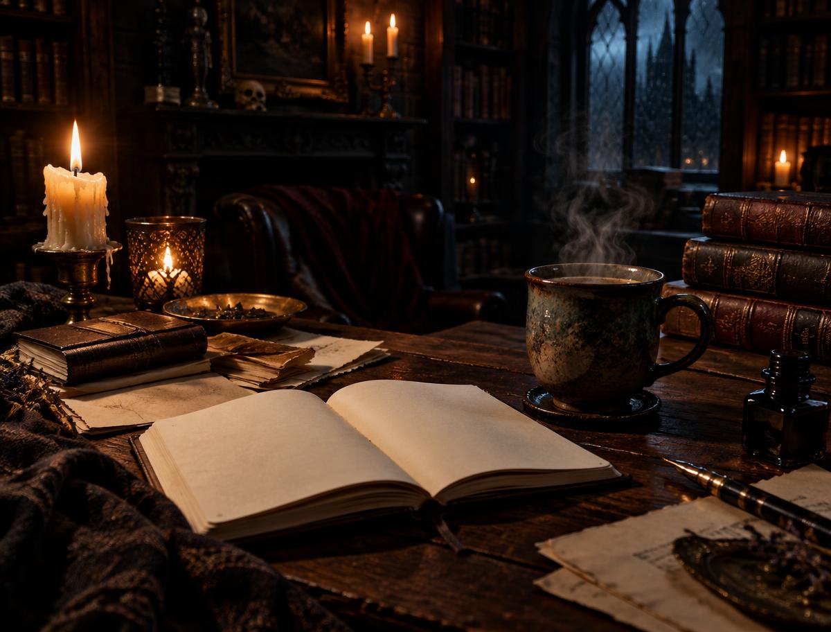 A steaming coffee mug, open notebook, and scattered papers in a candlelit gothic library