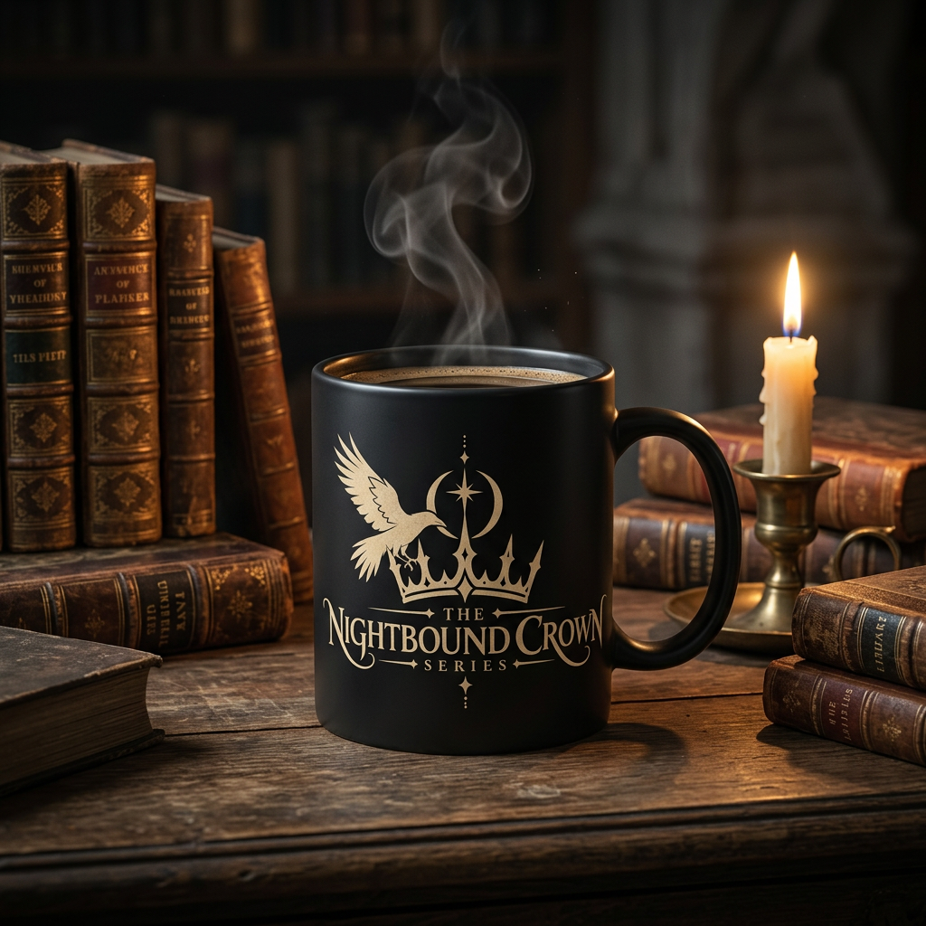 Black ceramic mug printed with The Nightbound Crown logo on a candlelit library desk